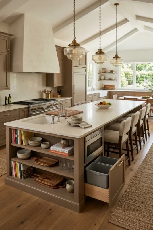 Grand Family Kitchen Island with Sink, Stove, and Built-In Storage Wall