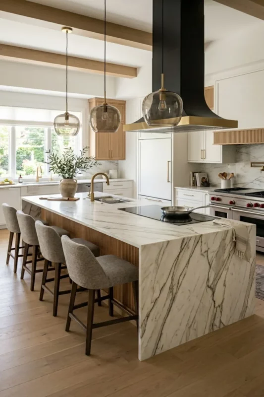 Double Workstation Kitchen Island with Prep Sink and Cooktop