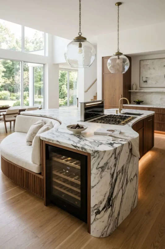 Curved Marble Kitchen Island with Gas Cooktop and Lounge Seating