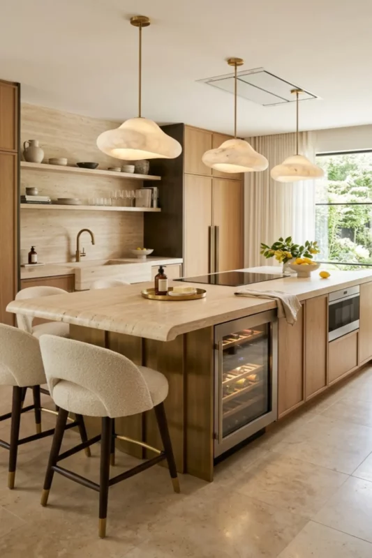 Statement Brass Kitchen Island with Sink and Modern Cooktop