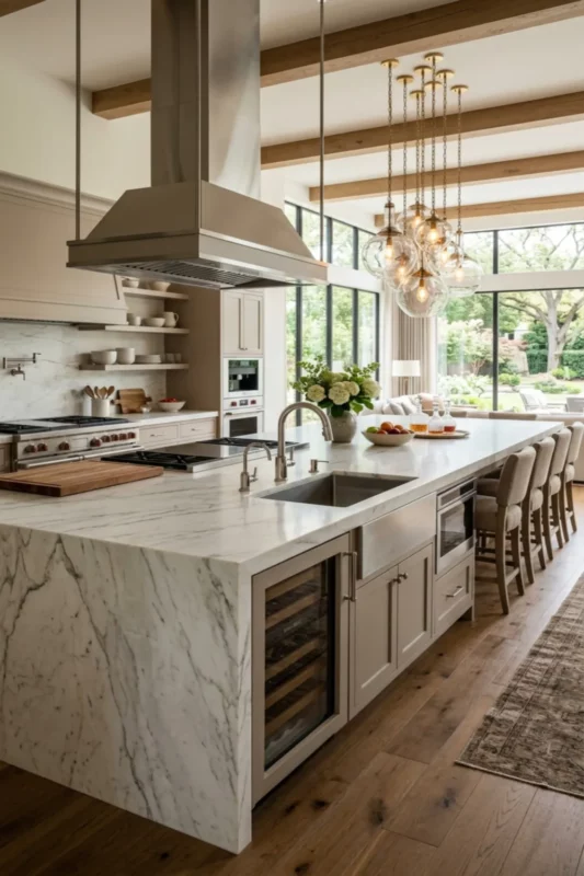 Open Concept Entertainer’s Kitchen Island with Sink, Stove, and Seating for Six