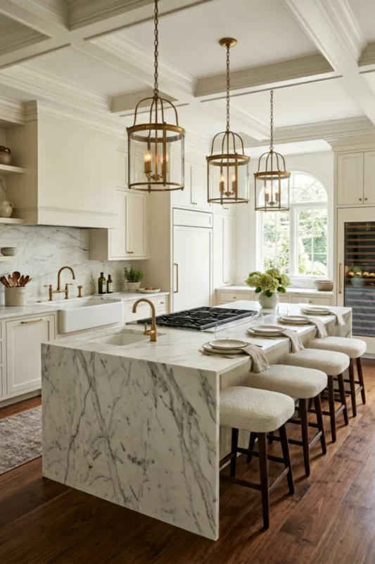 Marble Waterfall Kitchen Island with Sink and Gas Stove