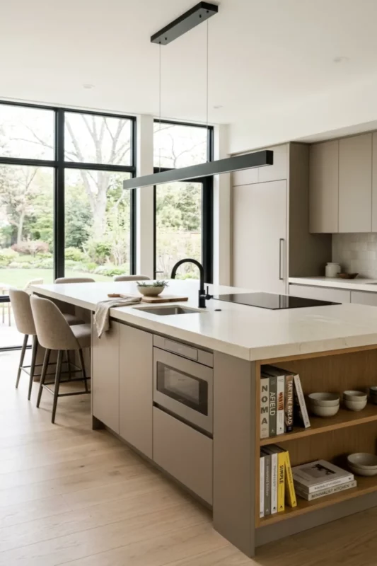 Modern Kitchen Island with Cooktop and Hidden Microwave Storage