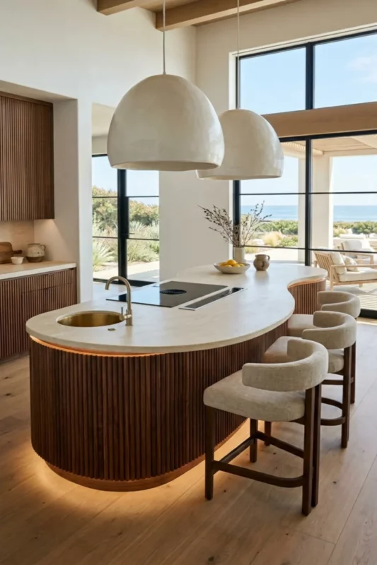 Sculptural Curved Kitchen Island with Sink and Downdraft Stove