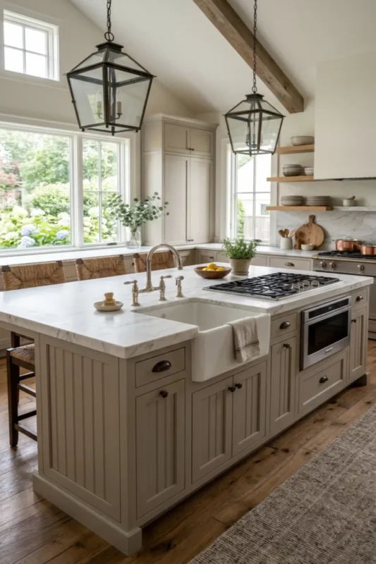 Farmhouse Kitchen Island with Apron Sink and Built-In Cooktop