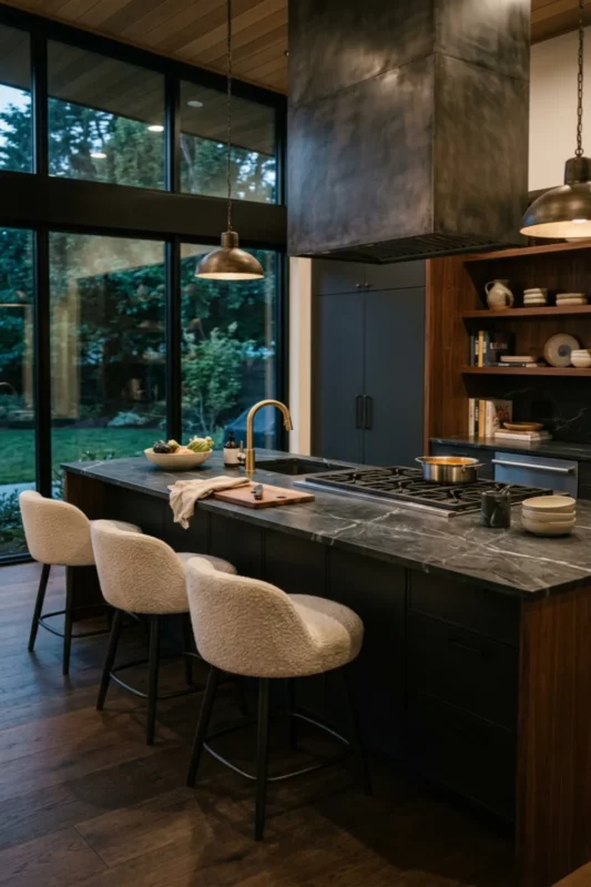 Black Statement Kitchen Island with Sink and Gas Cooktop