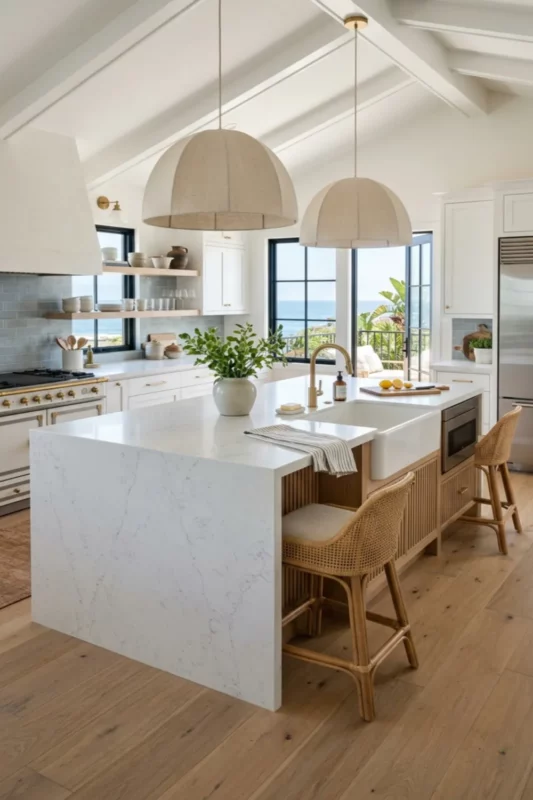Coastal Luxe Kitchen Island with Farm Sink and Stove Top