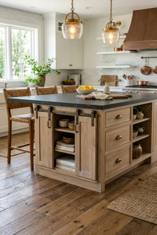 Rustic Kitchen Island With Concealed Barn Doors