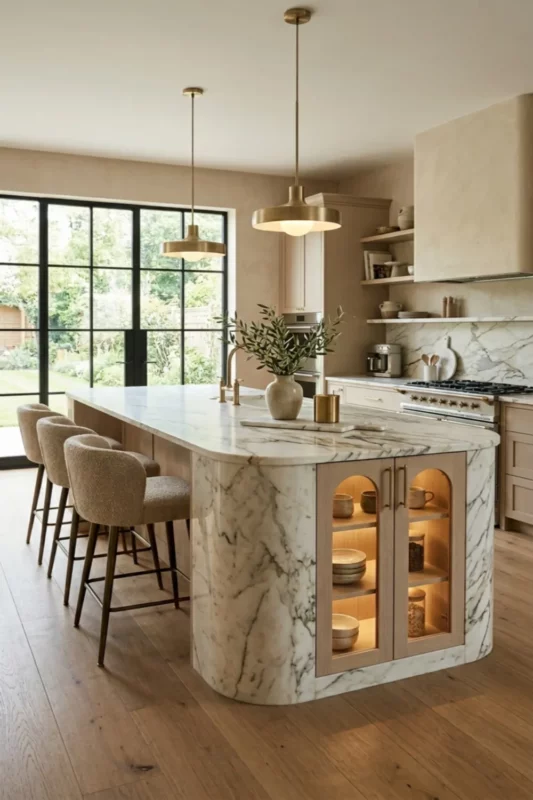 Curved End Cabinet Kitchen Island With Soft Storage Lines
