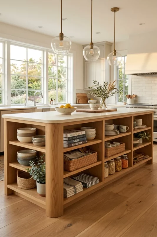 Open Shelving Kitchen Island With Styled Storage