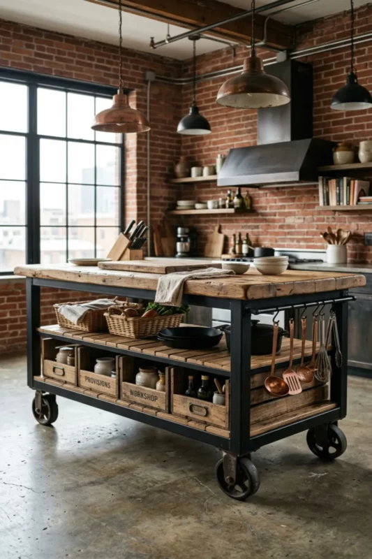 Industrial Worktable Kitchen Island On Wheels