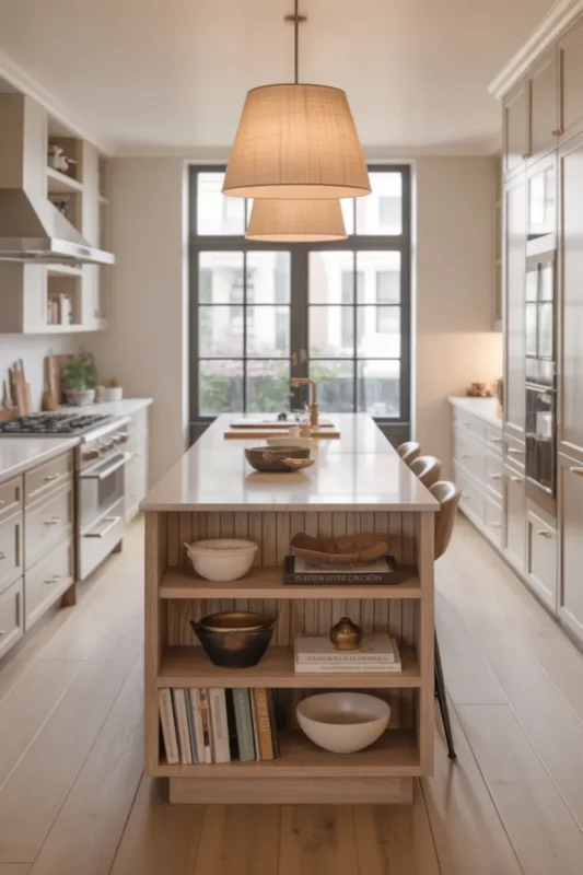 Slim Galley Island With Built-In Shelving