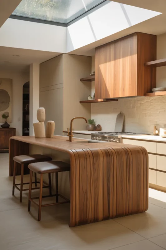 Slim Waterfall Wood Island With Warm Modern Style