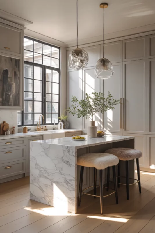 Slim Marble Waterfall Island for Small Kitchens