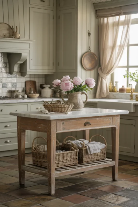 Vintage Bakery Table Island With Marble Top