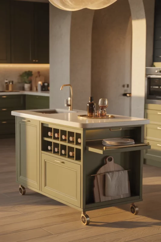 Luxe Rolling Island With Wine Storage