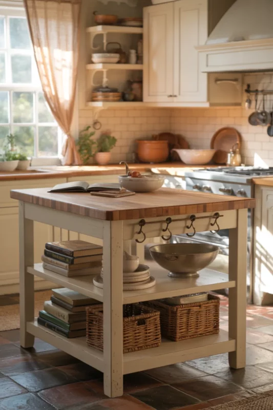 Cottage Butcher Block Island With Open Shelves