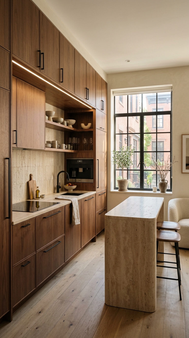 One-Wall Walnut Kitchen With Seamless Storage
