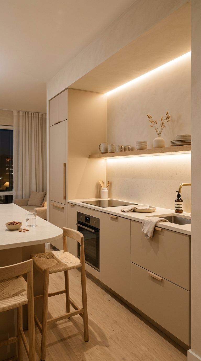 Soft Beige Minimalist Kitchen With Warm Lighting