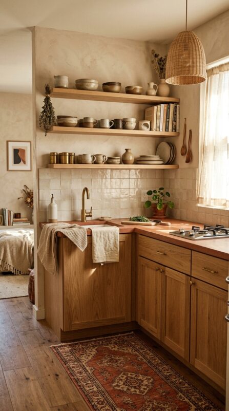 Modern Boho Tiny Kitchen With Vintage Texture