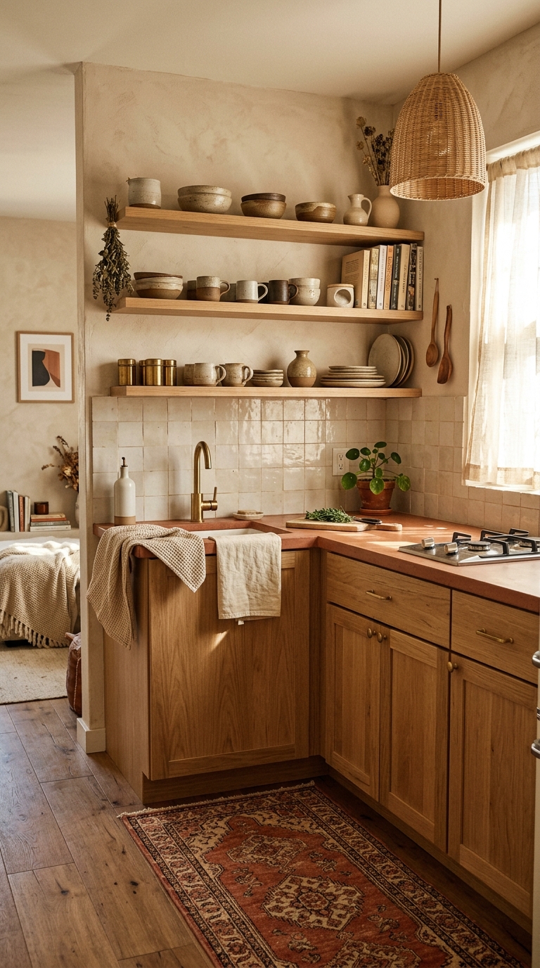 Modern Boho Tiny Kitchen With Vintage Texture