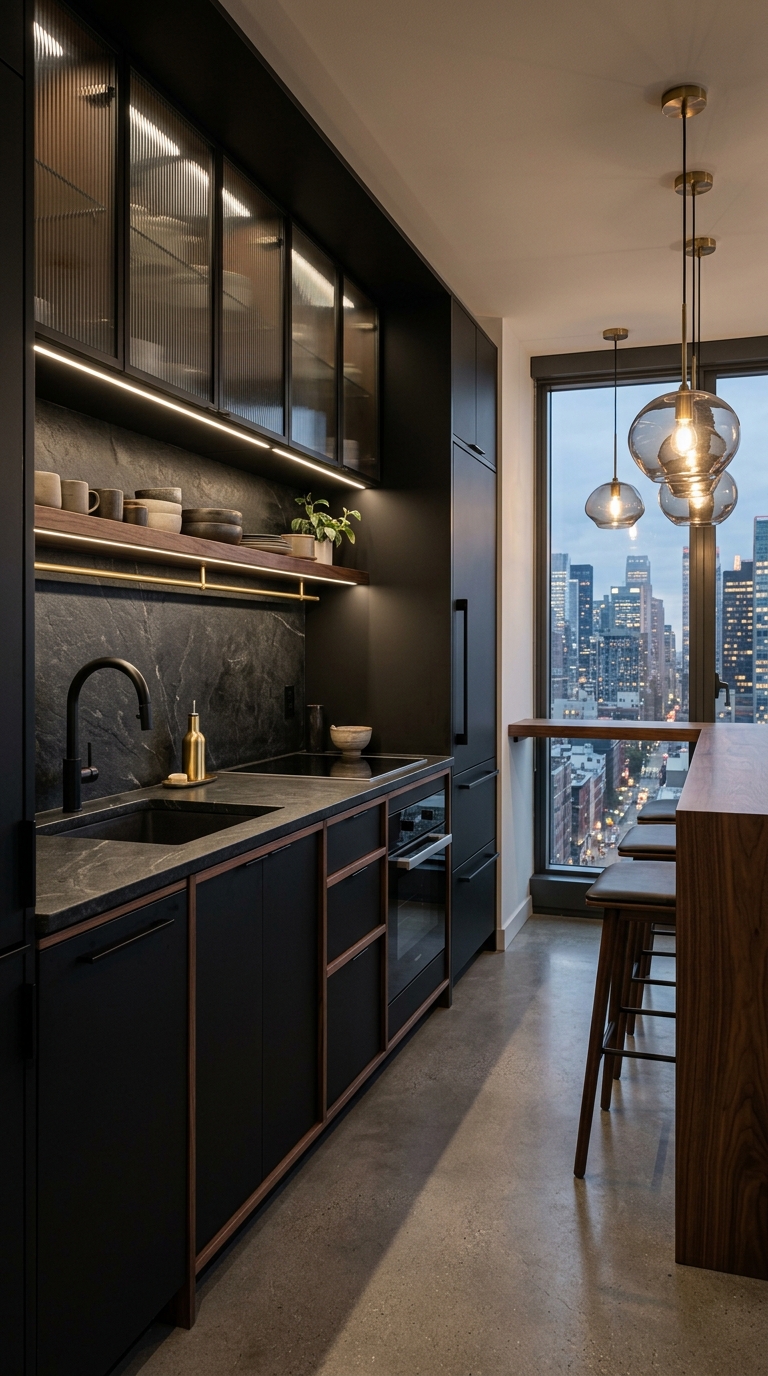 Matte Black Compact Kitchen With Moody Contrast