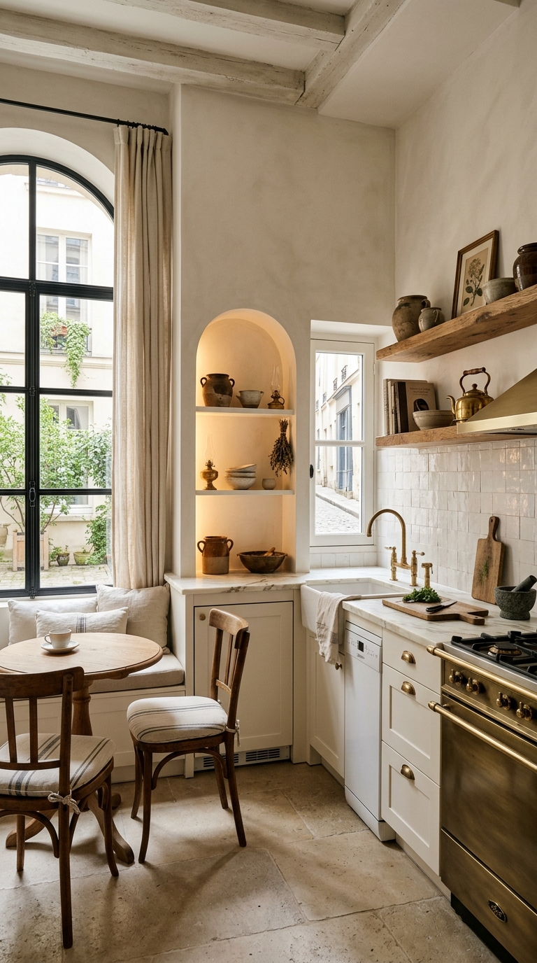 Warm White European Kitchen With Arched Details