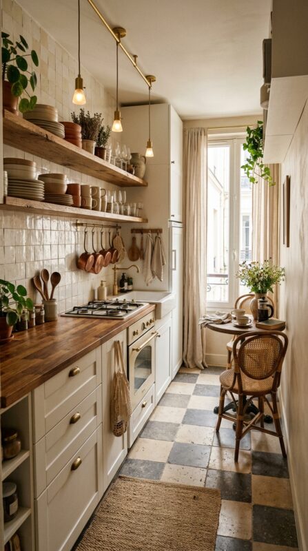 Open Shelf Galley Kitchen With Café Styling