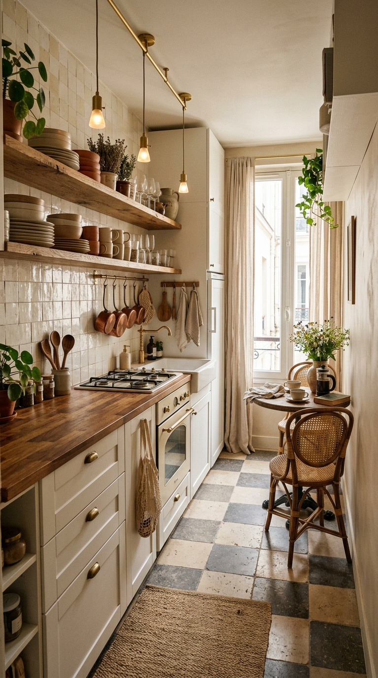 Open Shelf Galley Kitchen With Café Styling