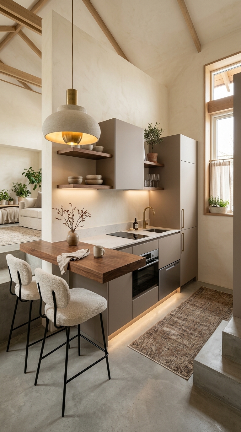 Split-Level Studio Apartment Kitchen With Floating Dining Bar