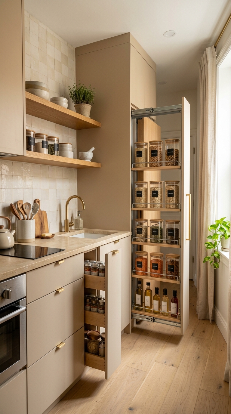 Ceiling-Height Cabinet Wall With Hidden Pantry Storage