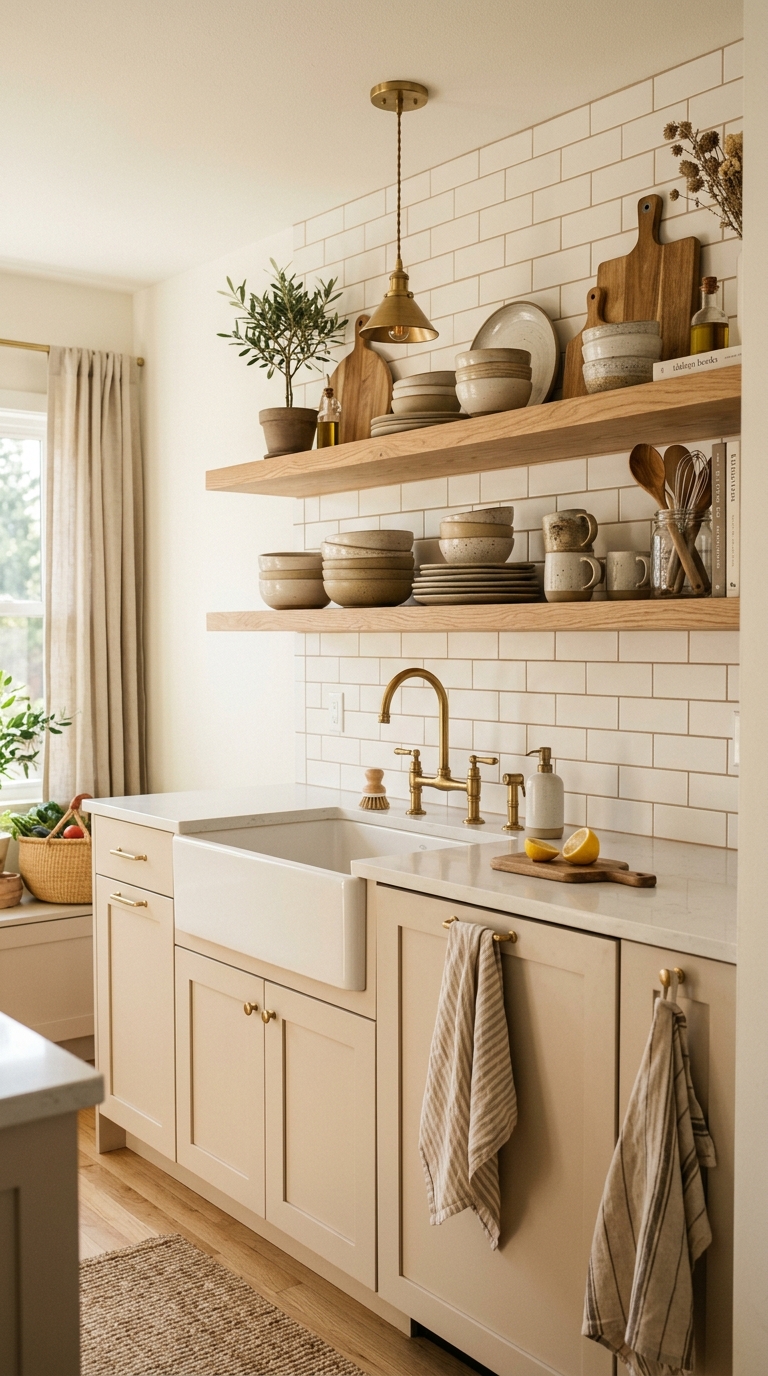 Floating Oak Shelves With Layered Neutral Decor