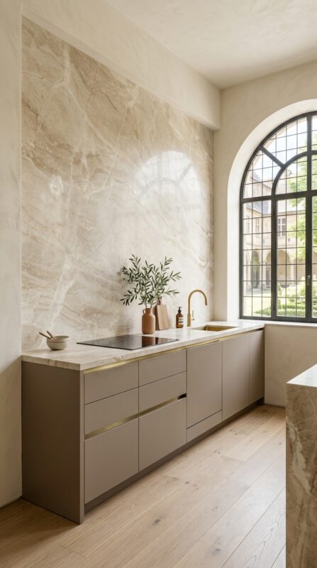 No-Upper-Cabinet Kitchen With Statement Stone Backsplash