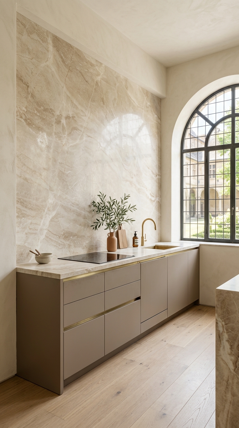 No-Upper-Cabinet Kitchen With Statement Stone Backsplash